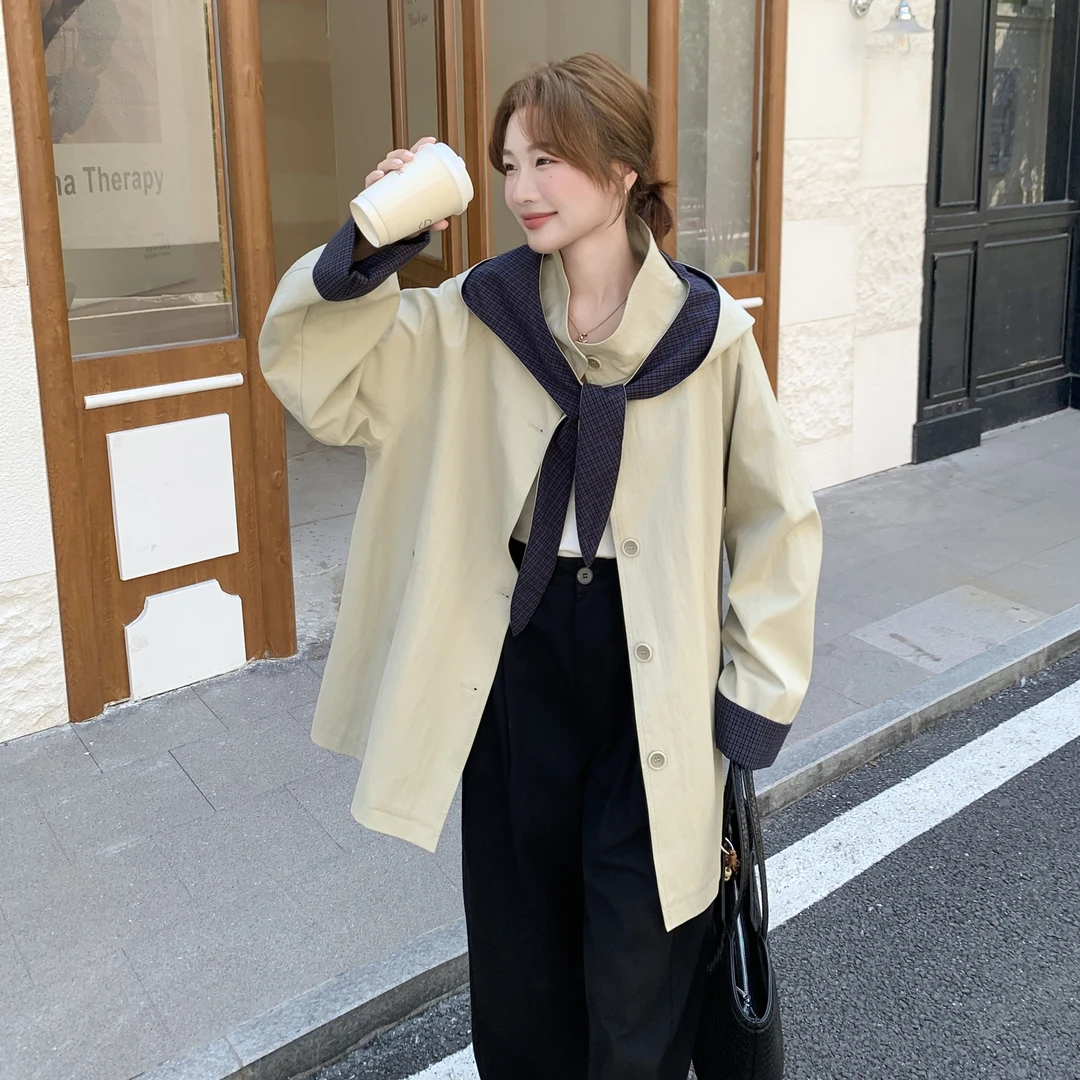 撞色格子可拆连帽风衣外套女春秋2025新款流行爆款百搭巨好看大衣