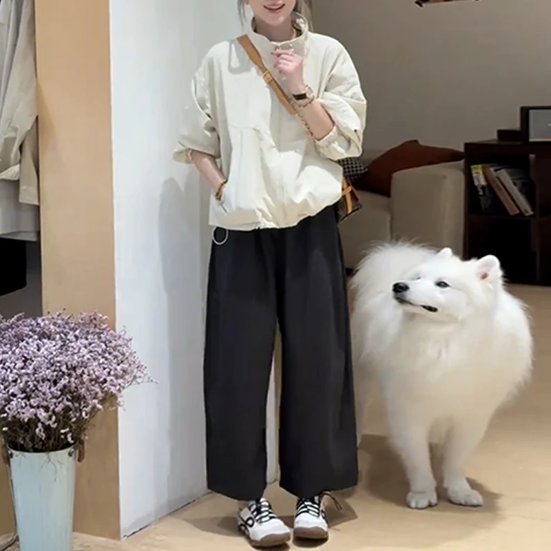 2025秋季新款立领长袖上衣+休闲阔腿裤套装女慵懒风简约两件套