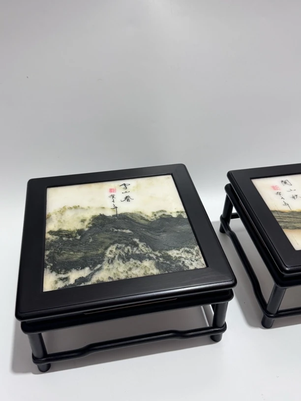 东非复古创意手工陶瓷家用轻奢新中式黑黄檀紫光檀镶云石底座方形