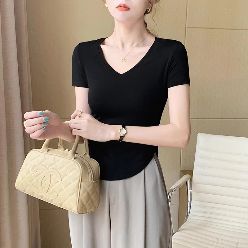 黑色v领莫代尔短袖t恤女夏季2025新款修身收腰弧形下摆不规则上衣