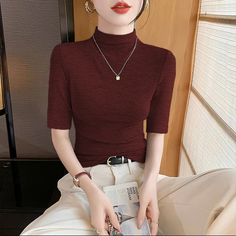 2025秋季新款百搭显瘦五分袖t恤女莫代尔半高领修身显瘦打底上衣