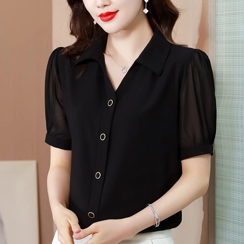 2025夏季新款短袖半开领泡泡袖雪纺衬衫设计感时尚百搭纯色上衣女
