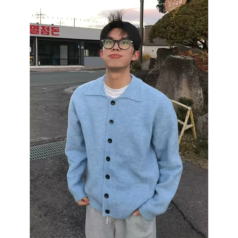 蓝色棋盘格针织开衫外套男款春秋季慵懒风高级感cleanfit翻领毛衣