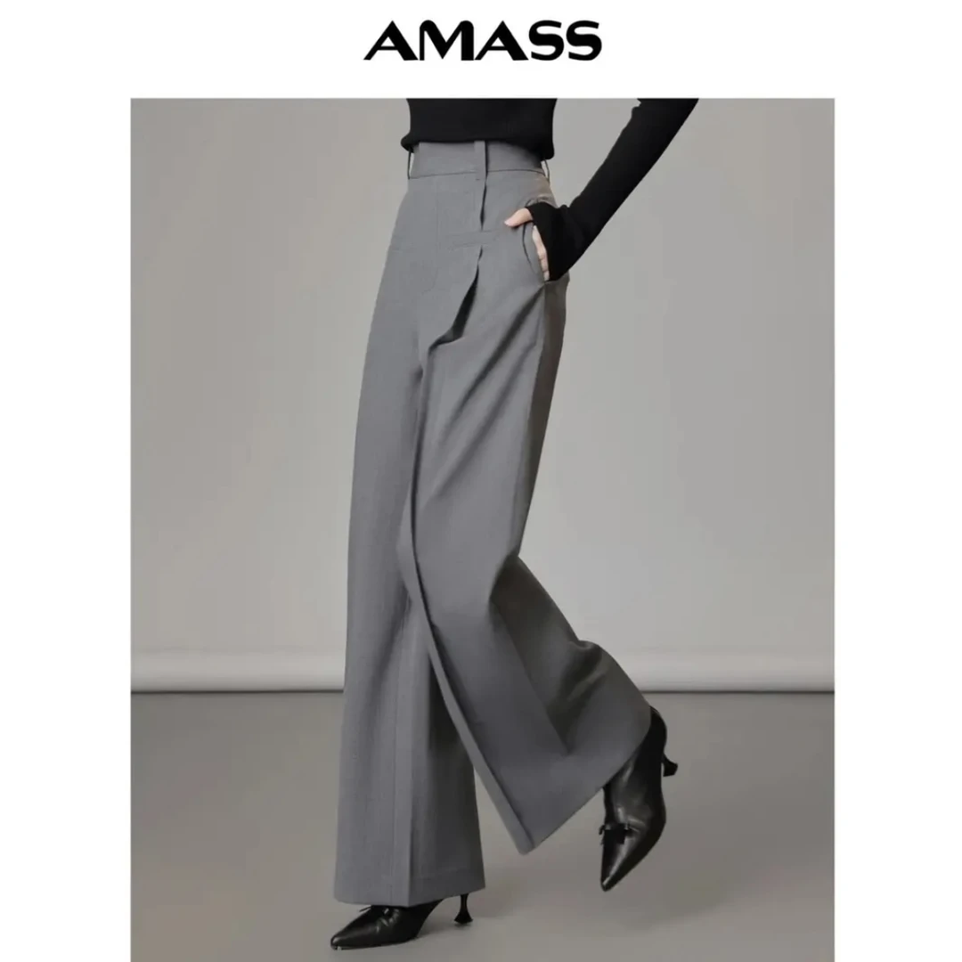AMASS/阿玛施新款灰色时尚大牌阔腿裤直筒显瘦垂感高腰5100375