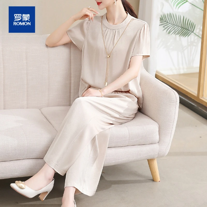 罗蒙中年妈妈夏装宽松两件套2025新款洋气中老年女大码衣服套装