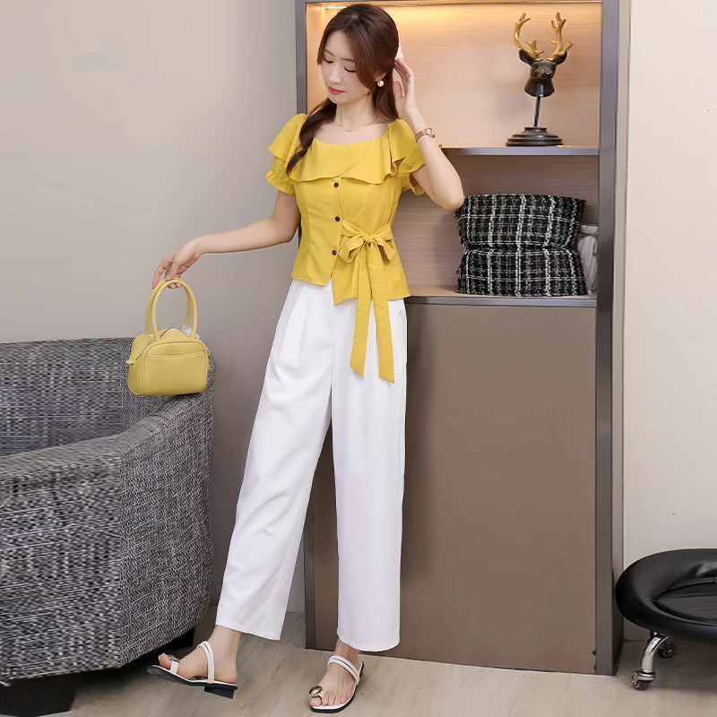 时尚度假风套装女2026夏季新款减龄气质方领系带上衣阔腿裤两件套