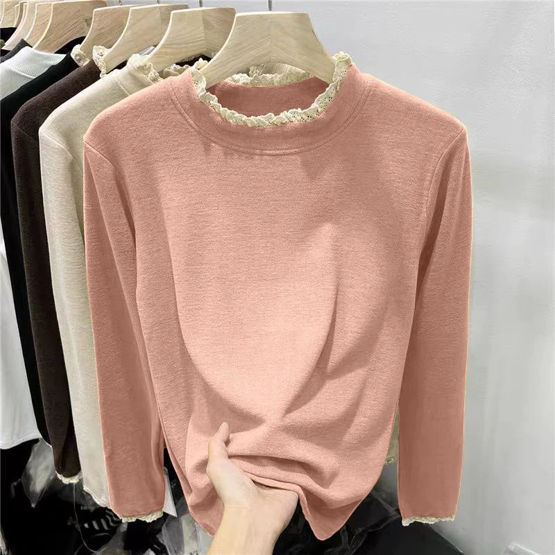 2件/花边蕾丝德绒打底衫立领女修身春秋冬季时尚长袖t恤女内搭潮