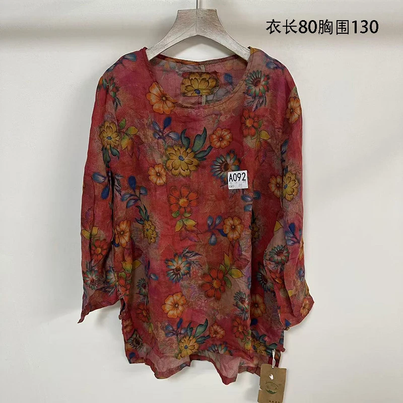 092圆领春季新款苎麻休闲宽松印花水洗做旧民族风布扣T恤上衣女