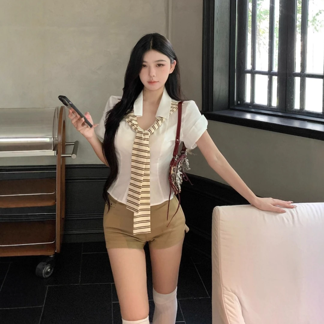 短款条纹披肩假两件短袖衬衫女夏季老钱风修身衬衣设计感气质上衣