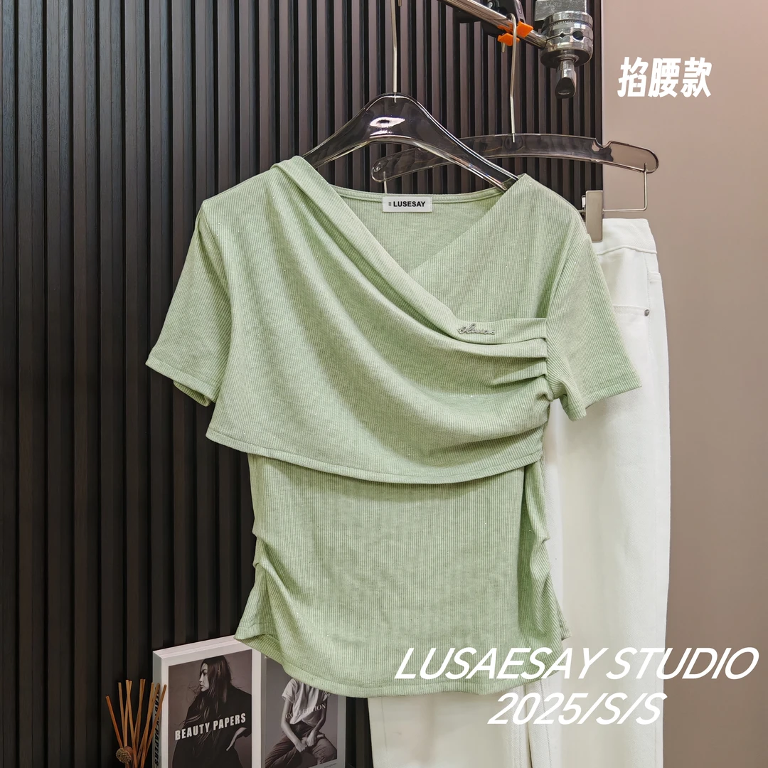 LUSESAY 细闪拼接设计感 2025新款短袖t恤女显瘦上衣