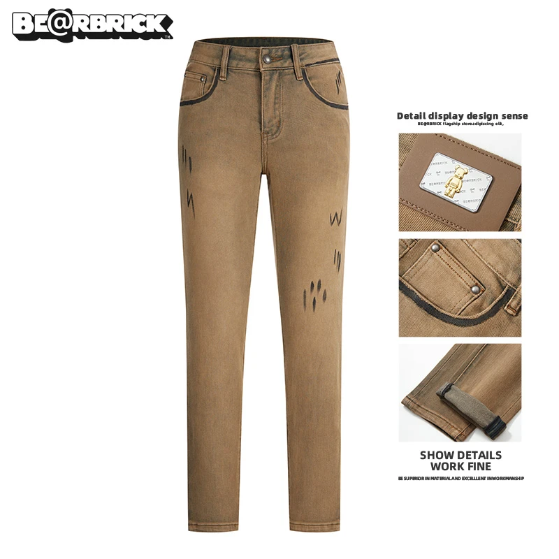 积木熊Be@rbrick【明星同款】人工手绘牛仔裤男潮流修身裤弹力秋冬