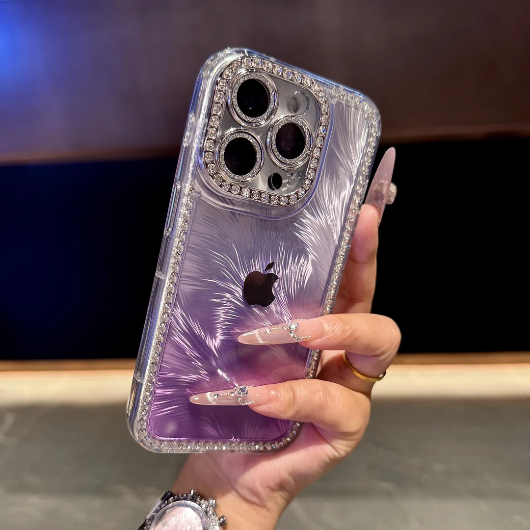 适用于iPhone17手机壳烫金羽纱纹苹果16promax满钻边框15防摔14硬