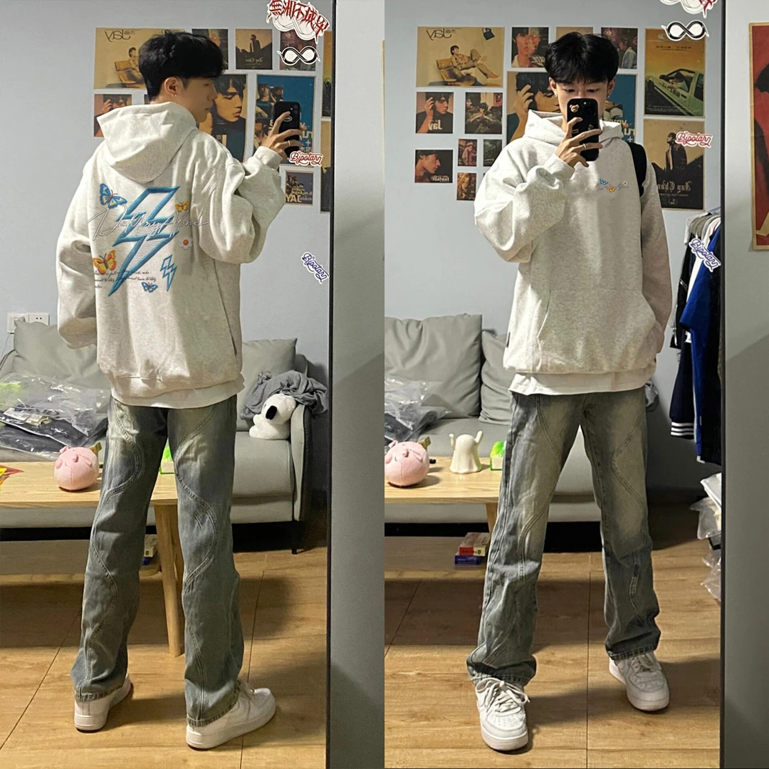 美式复古潮牌闪电字母仿刺绣印花连帽卫衣男女秋冬季宽松情侣上衣