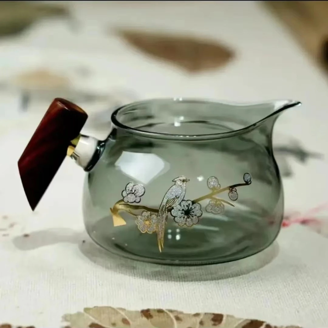 加厚侧把公道杯高级烟灰色耐热玻璃公杯一体茶漏公道杯茶漏一体