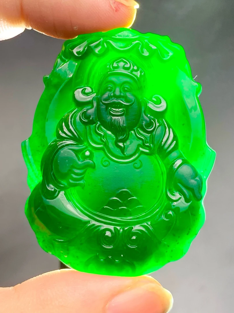 天然翡翠A货墨翠《财神爷》顺丰特快立体雕刻冰透精雕满绿