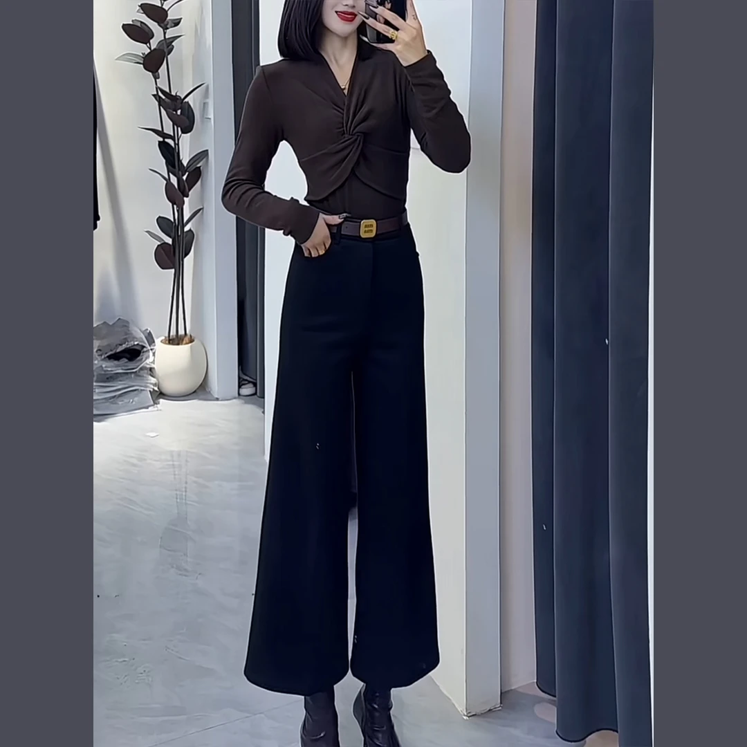直筒呢料垂感西装裤女秋冬新款高腰显瘦宽松阔脚裤休闲拖地毛呢裤
