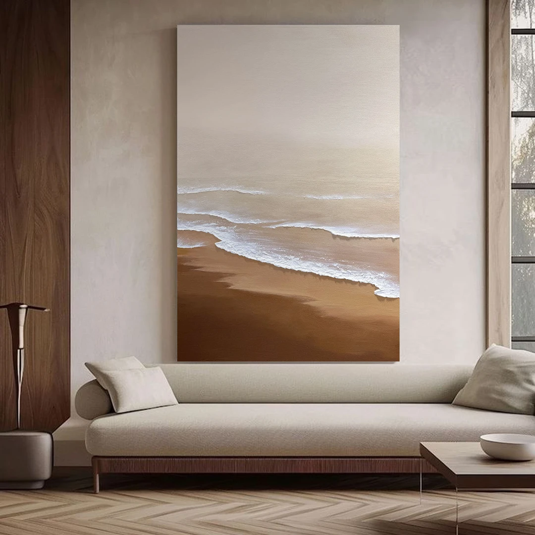 温柔的海——纯手工绘制肌理奶油风咖色客厅沙发玄关装饰画油画