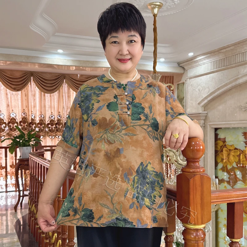 英姐大码妈妈装新款民族风盘扣T恤衫中老年女装宽松加肥小衫2116