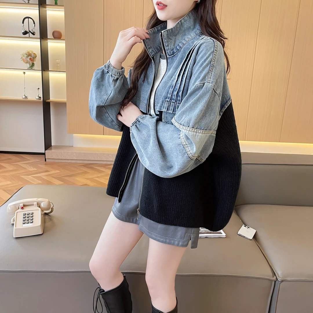 小个子厚款牛仔拼接针织毛衣外套女2025秋冬毛针织衫宽松时尚上衣