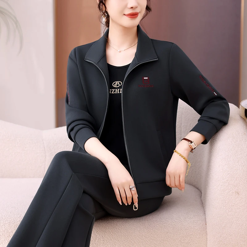 恩狐妈妈秋季新款三件套时尚宽松开衫休闲运动套装中老年女装