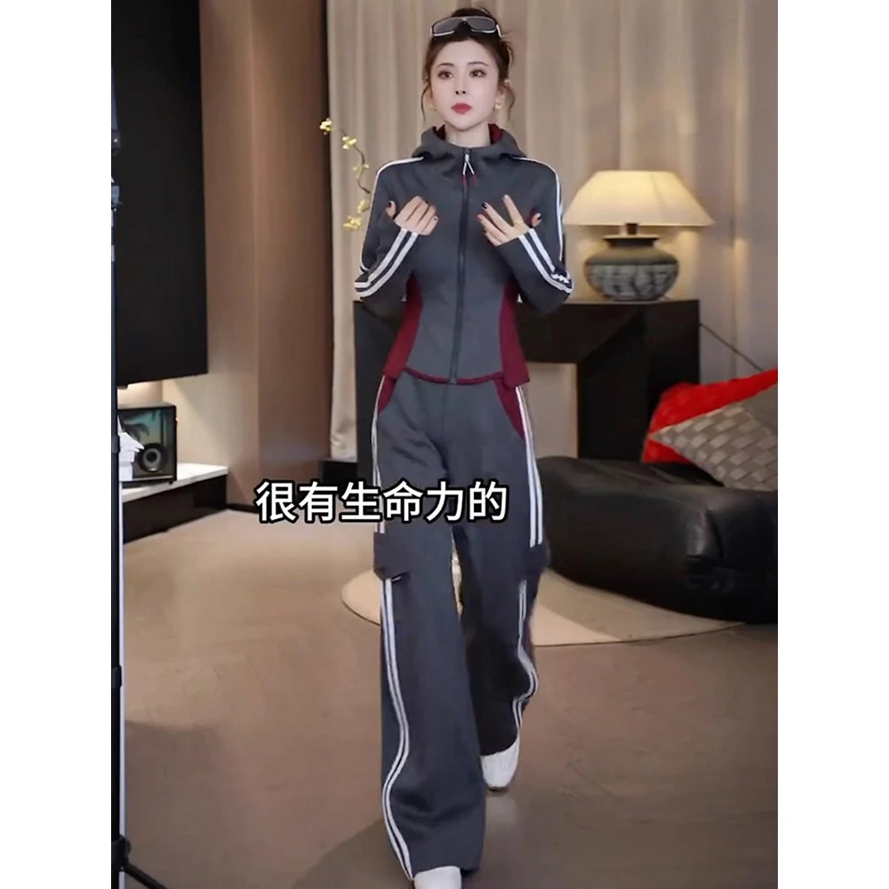 港风复古套装女2025秋新款休闲灰色连帽开衫外套阔腿裤跑步两件套