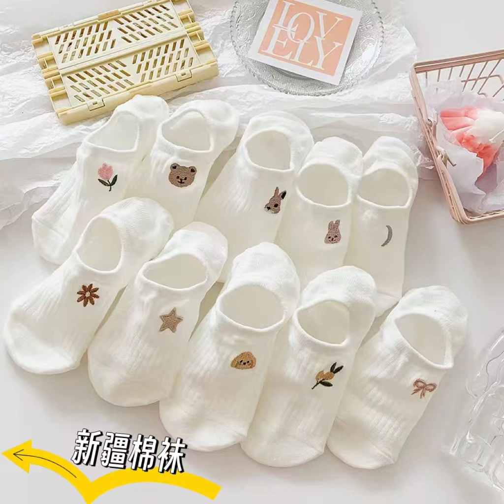 纯棉女袜子100%全棉防臭春夏季薄款船袜女刺绣白色短袜浅口透气女