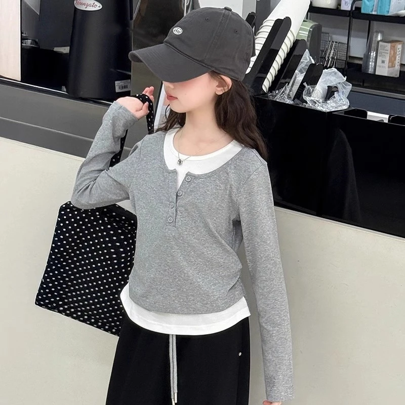 女童秋长袖T恤洋气儿童春秋打底衫女大童秋衣女孩上衣假两件童装