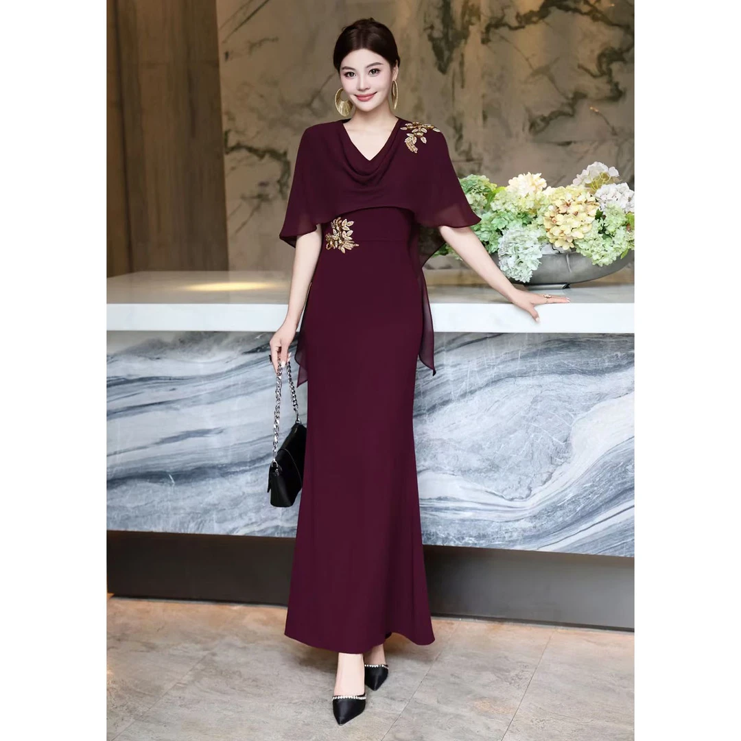 欧美法式女装重工订珠斗篷披肩修身鱼尾长裙宴会婚礼服连衣裙夏季