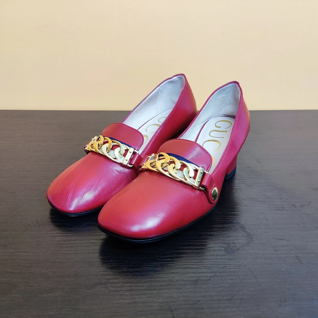 95新 GUCCI/古驰 全皮丝带矮跟皮鞋 红色 37码 P231845044