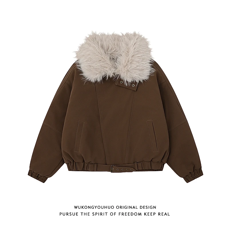 悟空有货美式复古毛领工装PU皮棉服男女冬季保暖美拉德短款机车服