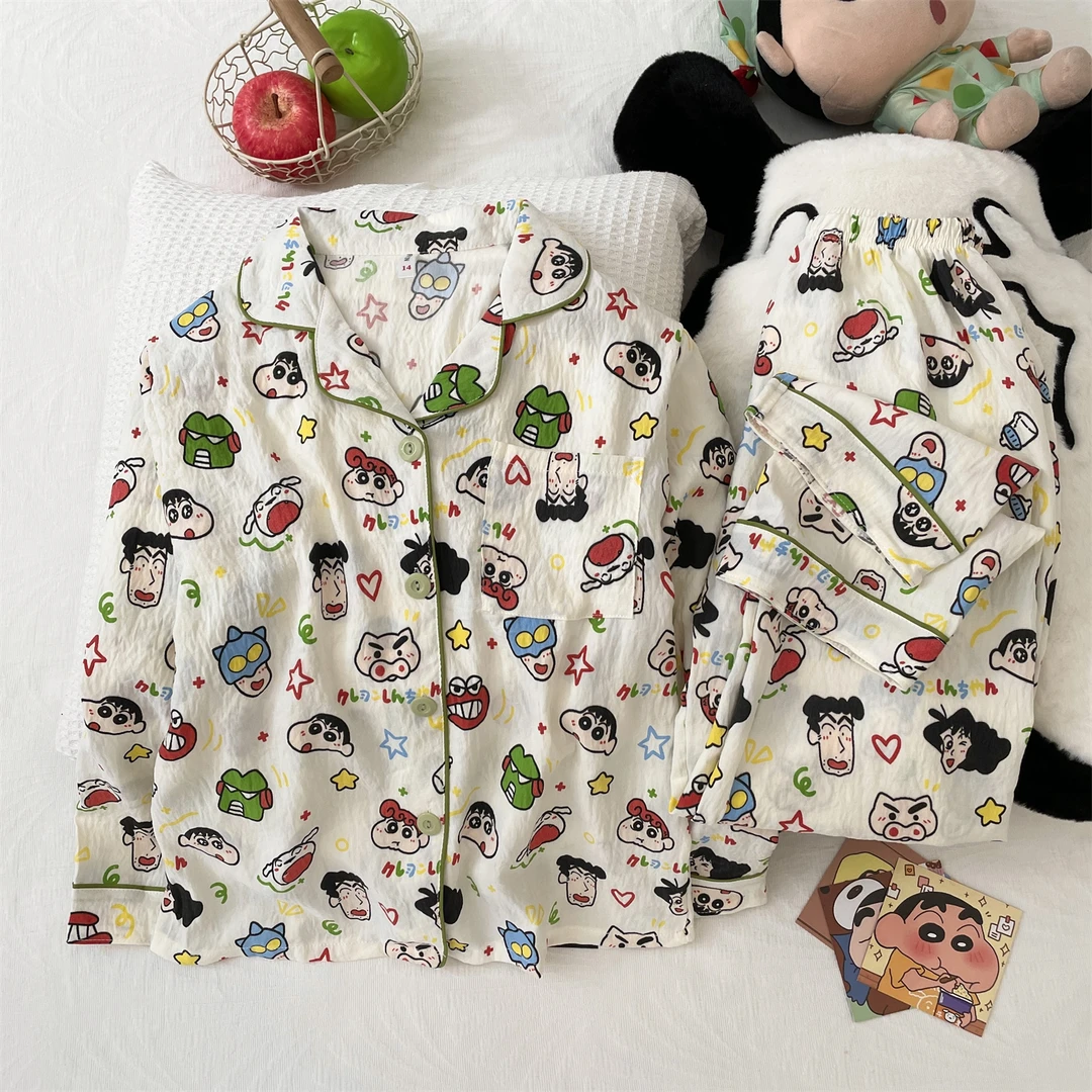 儿童睡衣长袖秋季居家夏季宽松透气卡通风蜡笔小新男家居服套装薄