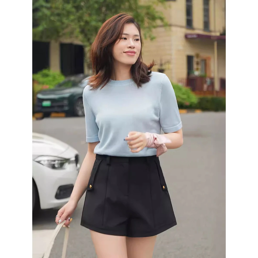 休闲夏季短袖薄款纯色气质时尚女高腰毛针织衫宽松圆领通勤百搭