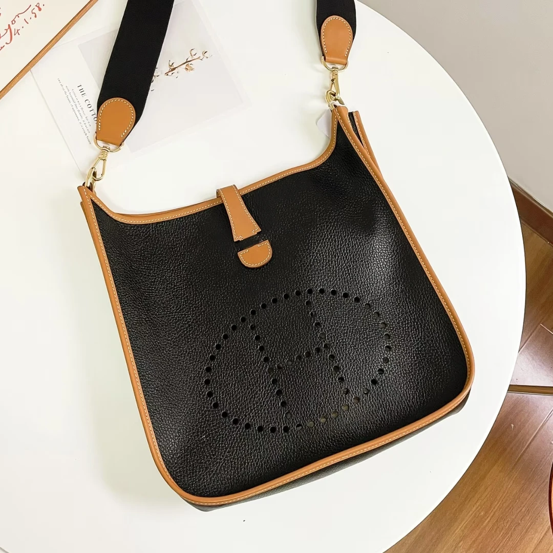 95新 Hermes/爱马仕 爱马仕伊芙琳黑拼棕斜挎包 25100105-01