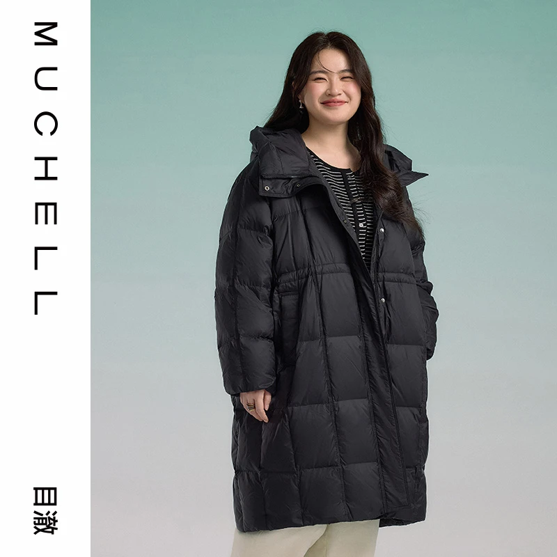 【优选】时尚绗格腰部抽绳显瘦柔软长款连帽羽绒服MDR4RD6076