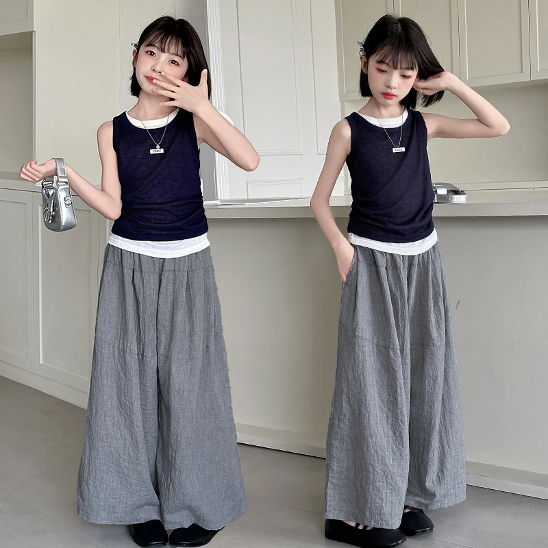 童装女童夏季清爽薄款假两件背心套装6-12岁15中大童女孩洋气套装