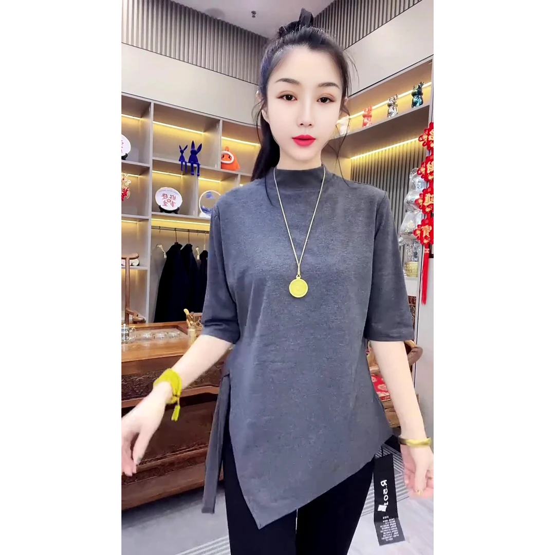 新款时尚百搭圆领套头不规则系带半袖T恤打底衫上衣女