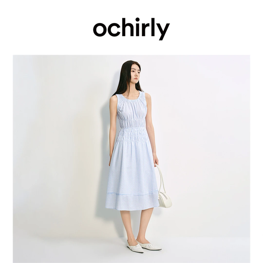 OCHIRLY欧时力 格子无袖连衣裙A字中长款肌理感度假裙夏2025新品