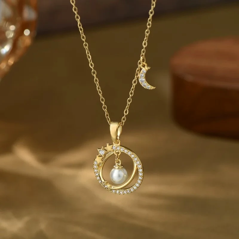 钛钢项链 时尚精致星星月亮项链气质星球锁骨链F2095