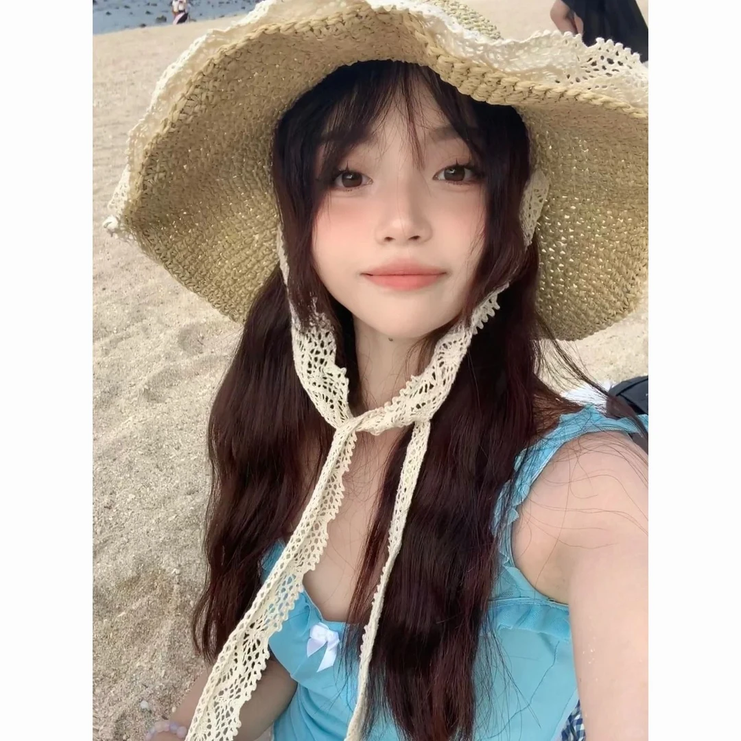 法式蕾丝遮阳帽海边ins系带草编帽出游防晒沙滩太阳帽草帽编织