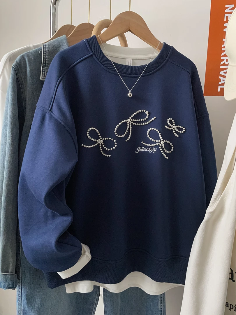 秋冬宽松慵懒风休闲外套刺绣上衣新款圆领蝴蝶结设计感卫衣