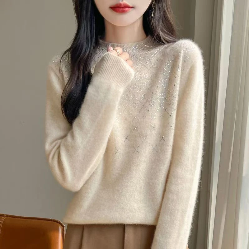 高端100%纯羊毛衫一线成衣双圈镶钻半高领针织衫秋冬季毛衣打底衫