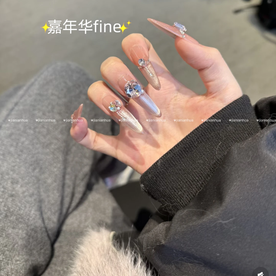 美甲手工穿戴甲冰透裸色微笑猫眼合金链条精品K9仙女酵母穿戴甲