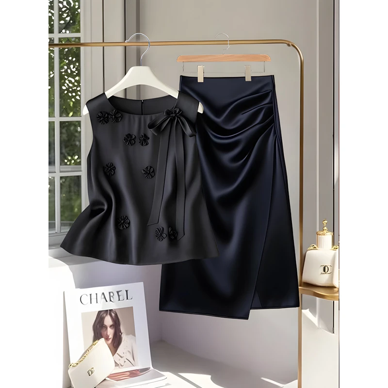 时尚套装女夏季法式高级感名媛飘带无袖上衣独特洋气不规则半身裙