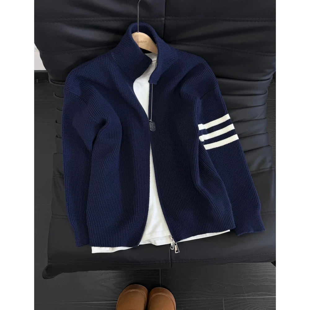 美式三条杠开衫针织衫男秋季潮牌cleanfit立领毛衣休闲慵懒风外套