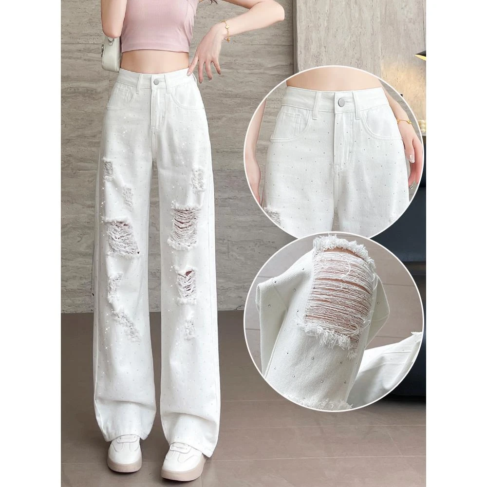 白色破洞烫钻阔腿牛仔裤女士2025夏季超火宽松遮腿型闪钻直筒裤子