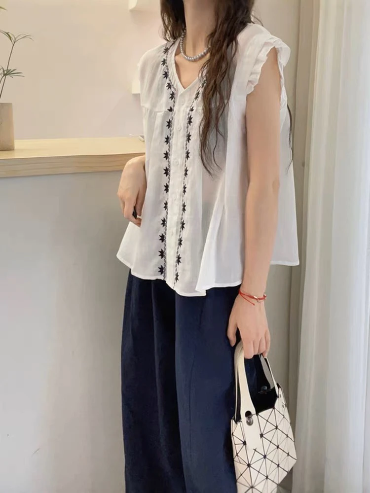 欧洲站2025夏季新款欧货韩版刺绣荷叶边衬衫上衣女
