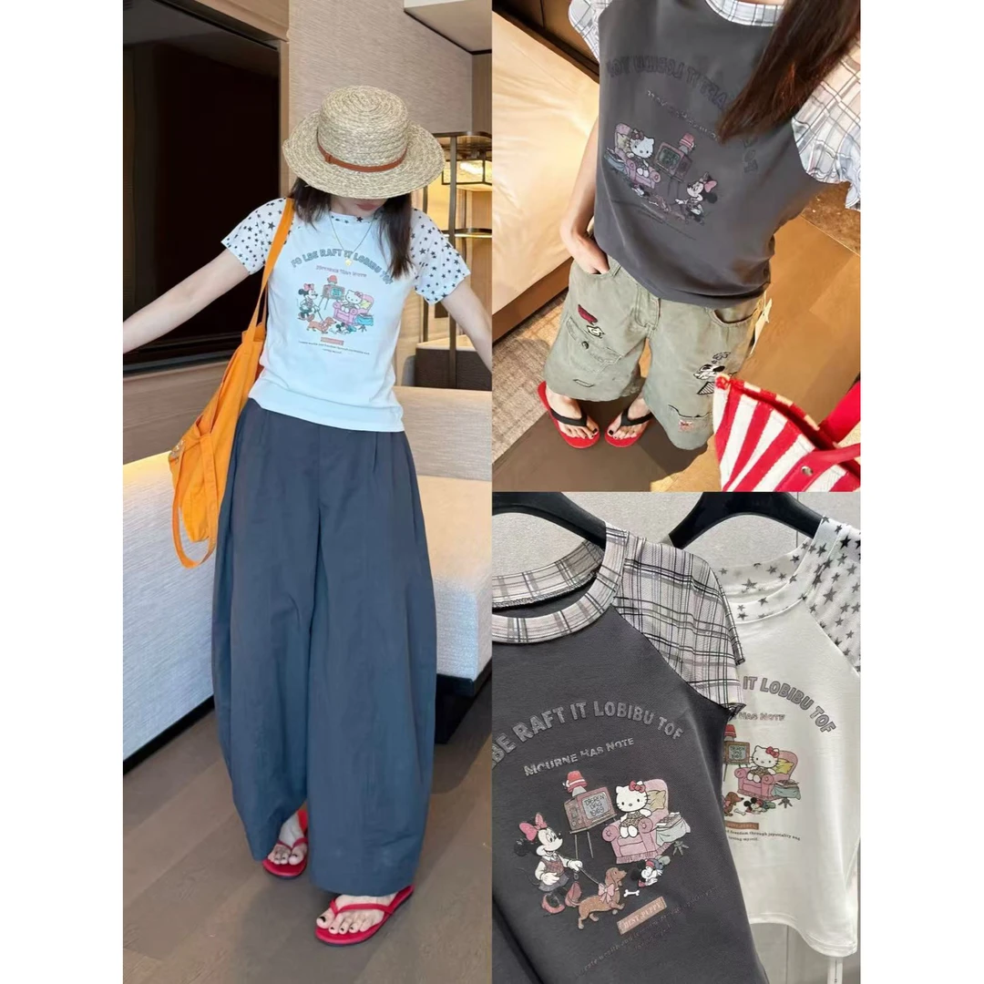 「Kitty妙妙屋」(9AWY3887#)KT猫or米奇拼接网纱短袖T恤AWYZ 5-21