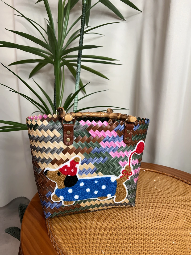 美式复古气球狗菜篮子编织手提包可爱女大容量手工编织包
