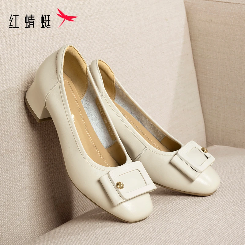 红蜻蜓单鞋女2025秋季新款女鞋舒适粗跟皮鞋不累脚真皮低跟妈妈鞋