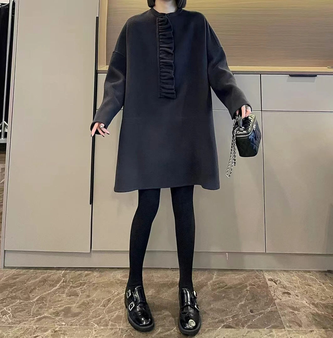 米可/MK-2974ZJ【木耳边中长款双面大衣】时尚秋季新款双面大衣